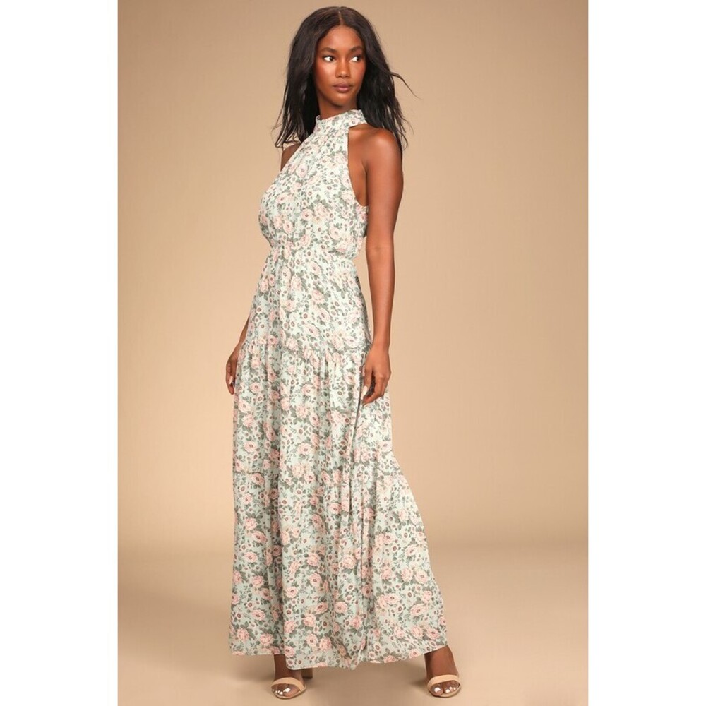 Lulus Grow Your Garden Sage Floral Print Tiered Halter Maxi Dress Green - Size S